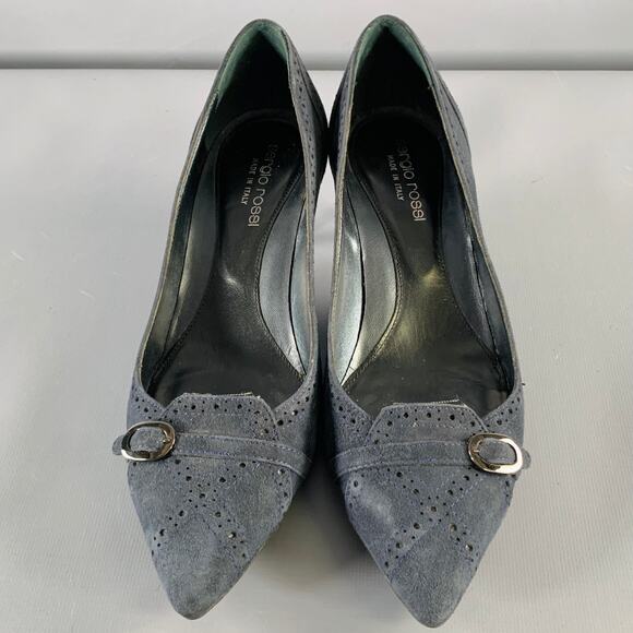 SERGIO ROSSI Size 6.5 Navy Suede Perforated Kitten Heel Pumps - Picture 4 of 8